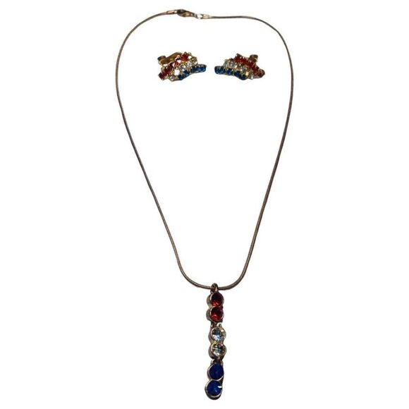 Vintage Red White Blue American Flag Patriotic Shimmering Necklace earrings set - Picture 2 of 6